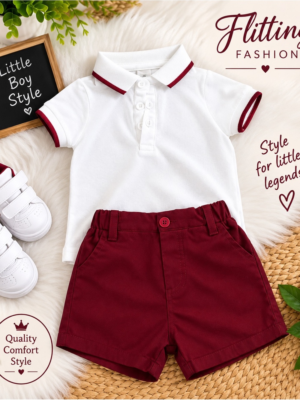 Little Boy White Polo Top with Maroon Trim and Maroon Shorts